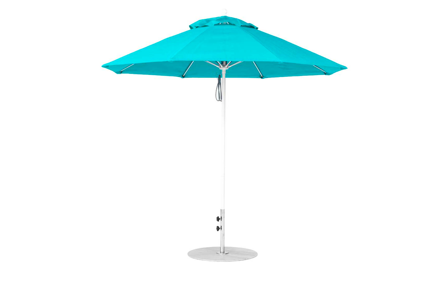 The Ledge Lounger Essential Fiberglass Umbrella - 9 Octagon Pulley features a marine-grade blue patio canopy with a central white pole on a circular base, offering stylish and symmetrical outdoor shade.