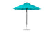 A turquoise Essential Fiberglass Umbrella by Ledge Lounger features a black pole and round metal base. The 9 octagon canopy, made from marine-grade fabric, has multiple triangular panels that converge at the top with a vent for stability.