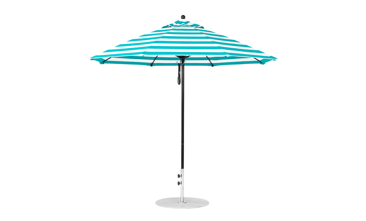 The Ledge Lounger Essential Fiberglass Umbrella - 9 Octagon Pulley features a teal and white striped design with marine-grade fabrics for durability. It stands on a metal pole with an umbrella base, open and shown from the side against a plain white background.