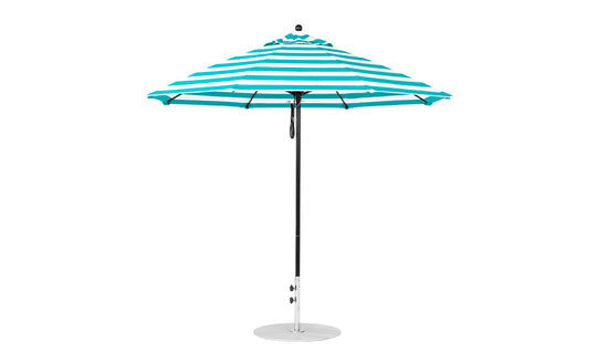 The Ledge Lounger Essential Fiberglass Umbrella - 9 Octagon Pulley features a teal and white striped design with marine-grade fabrics for durability. It stands on a metal pole with an umbrella base, open and shown from the side against a plain white background.