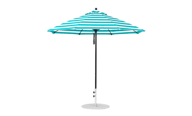 The Ledge Lounger Essential Fiberglass Umbrella - 9 Octagon Pulley features a teal and white striped design with marine-grade fabrics for durability. It stands on a metal pole with an umbrella base, open and shown from the side against a plain white background.