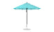 The Ledge Lounger Essential Fiberglass Umbrella - 9 Octagon Pulley features a teal and white striped design with marine-grade fabrics for durability. It stands on a metal pole with an umbrella base, open and shown from the side against a plain white background.