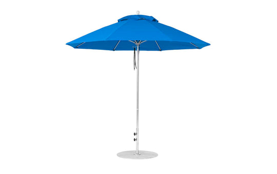 The Ledge Lounger Essential Fiberglass Umbrella - 9 Octagon Pulley, with marine-grade fabrics and a sturdy metal pole, includes a round base and is shown upright against a white background.