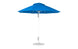 A blue Essential Fiberglass Umbrella by Ledge Lounger, featuring a 9 octagon canopy with a vented top, rests on a white pole and sturdy round base. It includes a manual crank handle for easy operation.