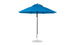 The Ledge Lounger Essential Fiberglass Umbrella - 9 Octagon Pulley features a large blue canopy with eight triangular panels, a black pole, and a round silver base. Made with durable marine-grade fabrics, its simple modern design enhances any outdoor setting.