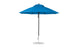 The Ledge Lounger Essential Fiberglass Umbrella - 9 Octagon Pulley features a large blue canopy with eight triangular panels, a black pole, and a round silver base. Made with durable marine-grade fabrics, its simple modern design enhances any outdoor setting.