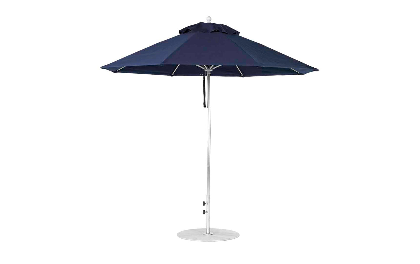 The Essential Fiberglass Umbrella by Ledge Lounger is a 9 octagon pulley model seen on a white background. Designed with marine-grade fabric, it features a silver pole and round base, providing ideal shade for gardens or patios.