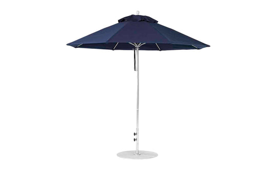 The Essential Fiberglass Umbrella by Ledge Lounger is a 9 octagon pulley model seen on a white background. Designed with marine-grade fabric, it features a silver pole and round base, providing ideal shade for gardens or patios.