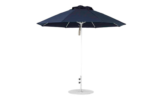 The Ledge Lounger Essential Fiberglass Umbrella boasts a 9’ octagon canopy made with marine-grade fabrics and features a silver pole atop a sturdy round base, ready for outdoor use.