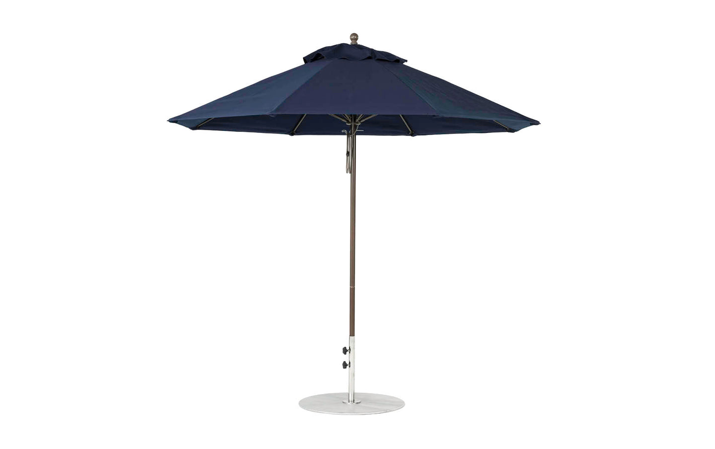 The Ledge Lounger Essential Fiberglass Umbrella, a 9 octagon pulley with marine-grade fabrics, includes a sturdy metal pole and round base in dark blue.