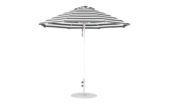 The Ledge Lounger Essential Fiberglass Umbrella - 9 Octagon Pulley showcases alternating black and white panels crafted from marine-grade fabrics, a metal pole, and a circular base for stability. It stands upright fully opened against a plain white background.