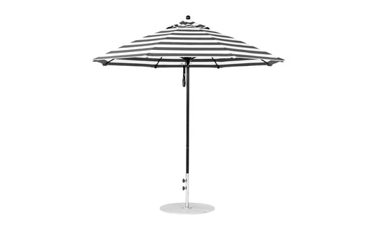 The Ledge Lounger Essential Fiberglass Umbrella - 9 Octagon Pulley features a chic black and white striped canopy. Supported by a durable round base and black pole, its crafted from marine-grade fabrics for lasting style.