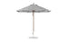 A 9 octagon black-and-white striped Essential Fiberglass Umbrella by Ledge Lounger with marine-grade fabric, featuring a wooden pole on a round base. The umbrella is open and shown from the side.