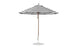 A 9 octagon black-and-white striped Essential Fiberglass Umbrella by Ledge Lounger with marine-grade fabric, featuring a wooden pole on a round base. The umbrella is open and shown from the side.