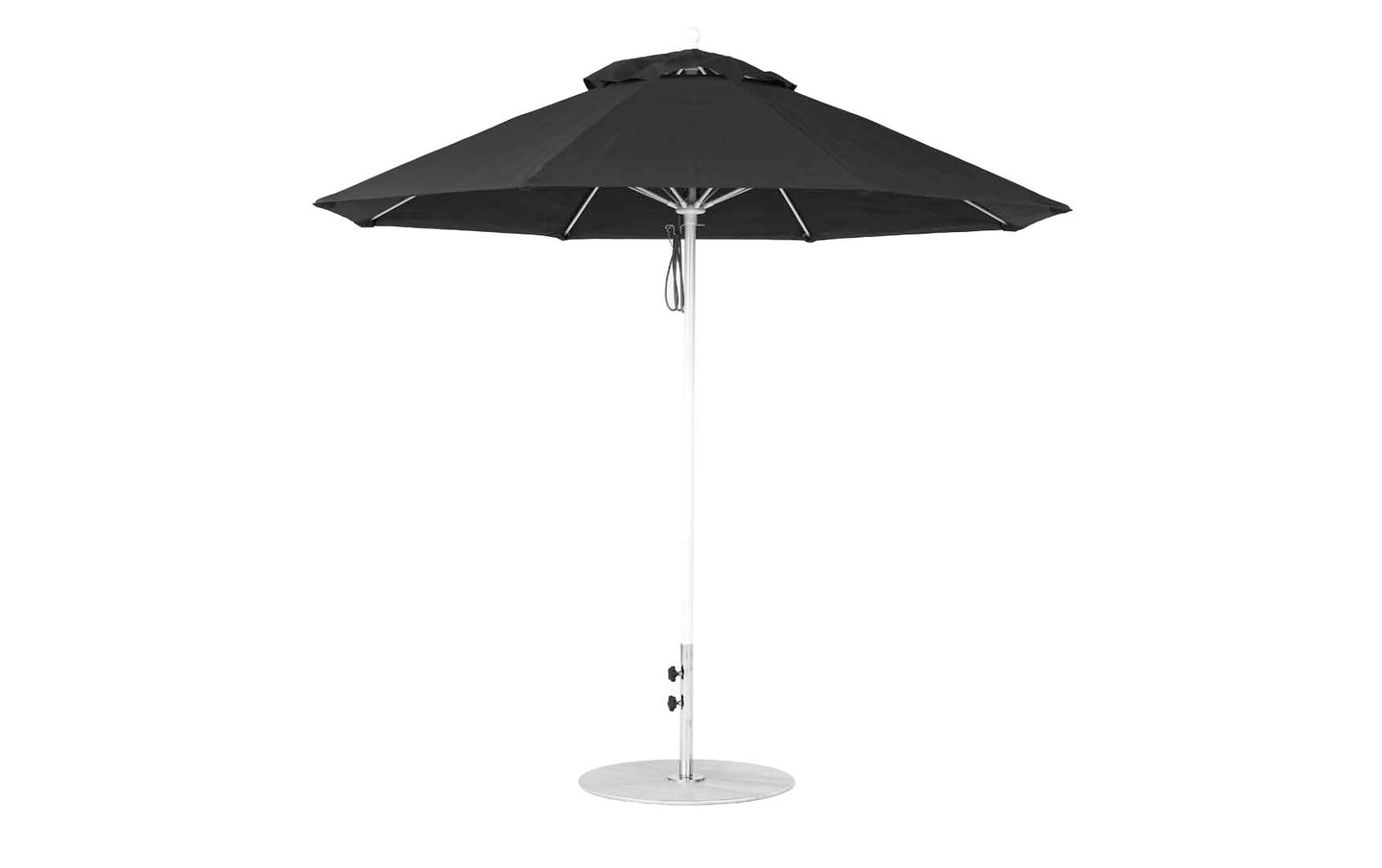 Ledge Loungers Essential Fiberglass Umbrella features a black 9 octagon design, silver pole, and umbrella base made from marine-grade fabrics, showcased against a plain white background.