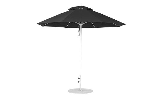 Ledge Loungers Essential Fiberglass Umbrella features a black 9 octagon design, silver pole, and umbrella base made from marine-grade fabrics, showcased against a plain white background.