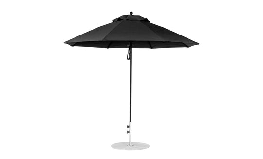 A black 9 Octagon Pulley Ledge Lounger Essential Fiberglass Umbrella with a silver metal pole and round base, made from marine-grade fabrics, stands open, highlighting its sleek design against a white background.