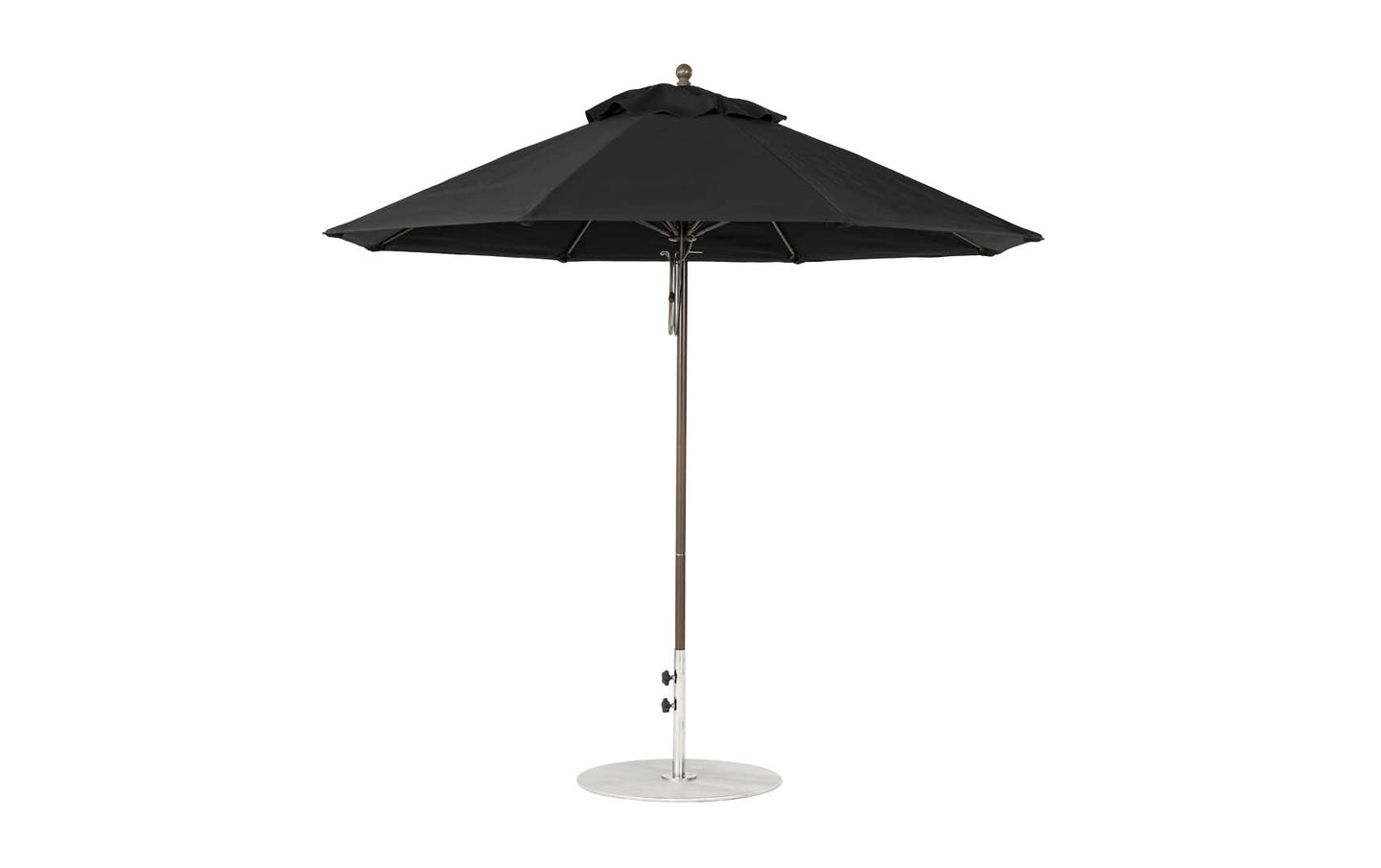 A black Essential Fiberglass Umbrella by Ledge Lounger, featuring a metal pole and sturdy base, stands open on a white background, showcasing the 9 Octagon Pulley design for outdoor use.