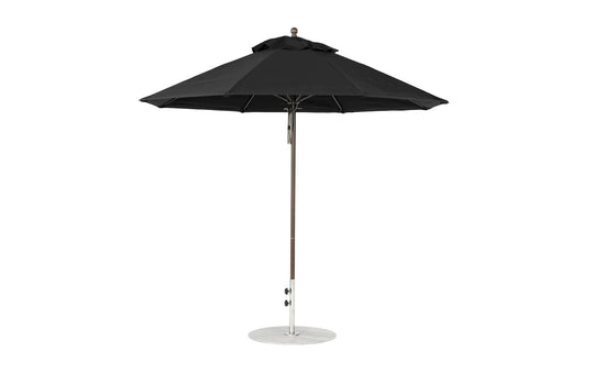 A black Essential Fiberglass Umbrella by Ledge Lounger, featuring a metal pole and sturdy base, stands open on a white background, showcasing the 9 Octagon Pulley design for outdoor use.