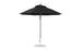 A black Essential Fiberglass Umbrella by Ledge Lounger, featuring a metal pole and sturdy base, stands open on a white background, showcasing the 9 Octagon Pulley design for outdoor use.