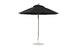 A black Essential Fiberglass Umbrella by Ledge Lounger, featuring a metal pole and sturdy base, stands open on a white background, showcasing the 9 Octagon Pulley design for outdoor use.
