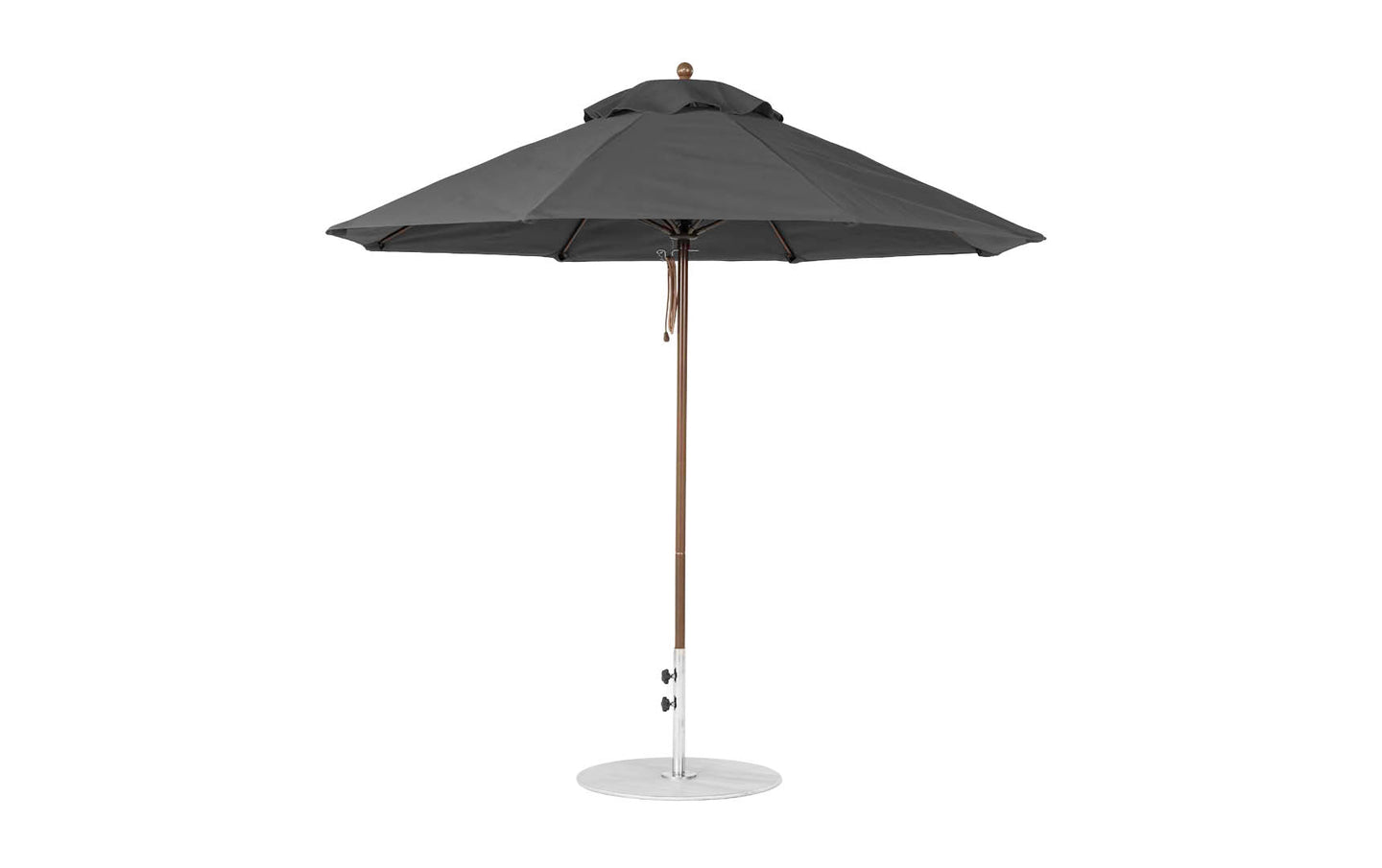 The Ledge Lounger Essential Fiberglass Umbrella, in dark gray with a wooden pole and round metal base, features marine-grade fabrics. When fully open, its 9 octagon canopy offers expansive shade.