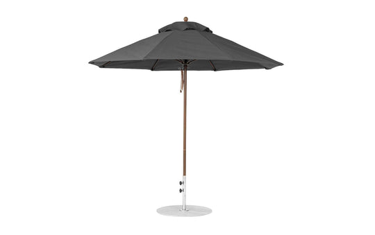 The Ledge Lounger Essential Fiberglass Umbrella, in dark gray with a wooden pole and round metal base, features marine-grade fabrics. When fully open, its 9 octagon canopy offers expansive shade.