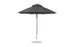 The Ledge Lounger Essential Fiberglass Umbrella, in dark gray with a wooden pole and round metal base, features marine-grade fabrics. When fully open, its 9 octagon canopy offers expansive shade.