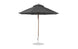 The Ledge Lounger Essential Fiberglass Umbrella, in dark gray with a wooden pole and round metal base, features marine-grade fabrics. When fully open, its 9 octagon canopy offers expansive shade.