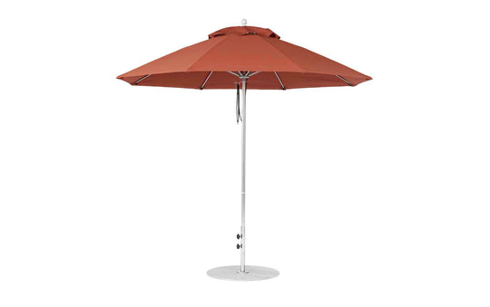 The Ledge Lounger Essential Fiberglass Umbrella features a 9 octagon pulley design with marine-grade fabrics and a red canopy. It includes a durable silver pole with a sturdy round base, making it perfect for outdoor use.