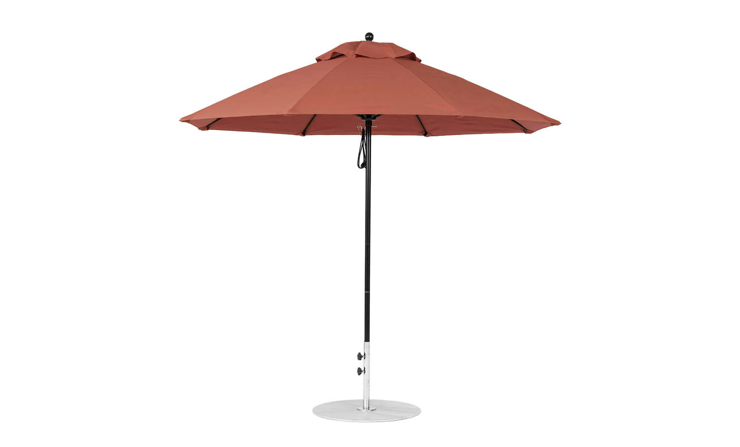 A large rust-colored Ledge Lounger Essential Fiberglass Umbrella - 9 Octagon Pulley, with a round canopy, is mounted on a black pole and silver base made from marine-grade fabrics. It stands upright against a plain white background.