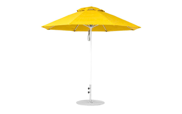 The Ledge Lounger Essential Fiberglass Umbrella features a 9 octagon shape with a pulley system. It has a yellow marine-grade fabric canopy, metallic pole, and round base for shade in patios or gardens. Its adjustable height and durable fiberglass structure make it perfect for outdoor use.