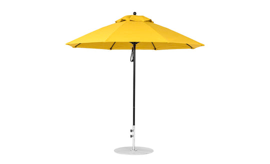 The Essential Fiberglass Umbrella by Ledge Lounger features a sturdy metal pole with a round base, marine-grade fabric canopy supported by metal ribs, and a neat crank mechanism.