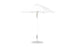 The Essential Fiberglass Umbrella - 7.5 Octagon Pulley by Ledge Lounger is a white, wind-resistant patio umbrella with a modern design featuring a circular base and slender pole, supporting an elegant canopy made from marine-grade fabric. Fully opened, it showcases its symmetrical structure against a plain background.