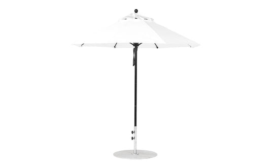 The Essential Fiberglass Umbrella - 7.5 Octagon Pulley by Ledge Lounger features a pointed top, sturdy metal pole, and a round silver base against a white backdrop. It is crafted with marine-grade fabrics for enhanced durability.