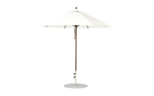 The Ledge Lounger Essential Fiberglass Umbrella - 7.5 Octagon Pulley features a large, white octagonal canopy with eight ribs and a sleek metal pole made from durable marine-grade fabrics, offering wind resistance while standing upright with a circular base against a plain background.