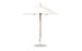 The Ledge Lounger Essential Fiberglass Umbrella - 7.5 Octagon Pulley features a large, white octagonal canopy with eight ribs and a sleek metal pole made from durable marine-grade fabrics, offering wind resistance while standing upright with a circular base against a plain background.