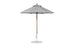 The Ledge Lounger Essential Fiberglass Umbrella features a 7.5 octagonal canopy made from marine-grade fabrics for durability, atop a slender fiberglass pole with a circular base, ideal for garden or patio settings and wind resistance.