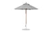 The Ledge Lounger Essential Fiberglass Umbrella features a 7.5 octagonal canopy made from marine-grade fabrics for durability, atop a slender fiberglass pole with a circular base, ideal for garden or patio settings and wind resistance.
