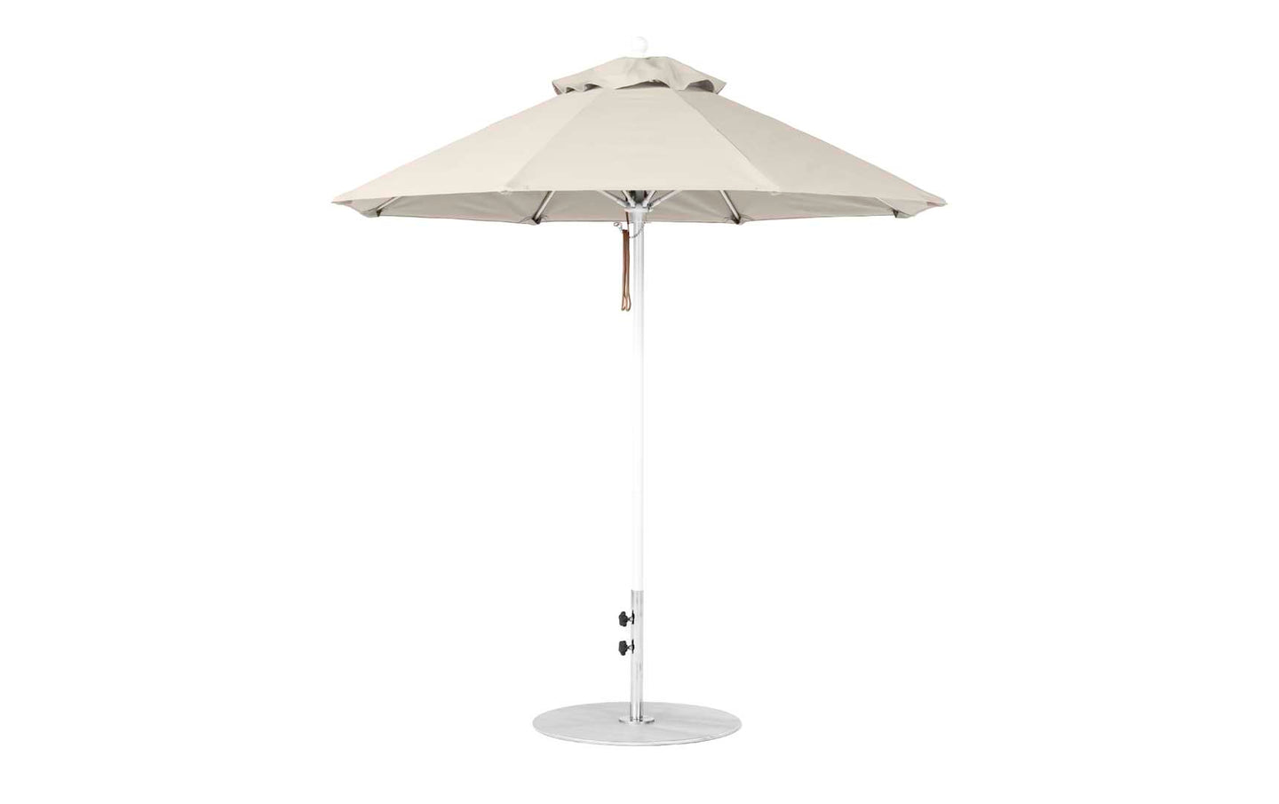 The Ledge Lounger Essential Fiberglass Umbrella features a 7.5 octagon canopy in beige, made from marine-grade fabric with wind-resistant properties and a sturdy metal pole. It includes a crank for angle adjustments and stands on a circular base.