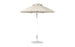 The Ledge Lounger Essential Fiberglass Umbrella features a 7.5 octagon canopy in beige, made from marine-grade fabric with wind-resistant properties and a sturdy metal pole. It includes a crank for angle adjustments and stands on a circular base.