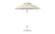The Ledge Lounger Essential Fiberglass Umbrella features a 7.5 octagon canopy in beige, made from marine-grade fabric with wind-resistant properties and a sturdy metal pole. It includes a crank for angle adjustments and stands on a circular base.