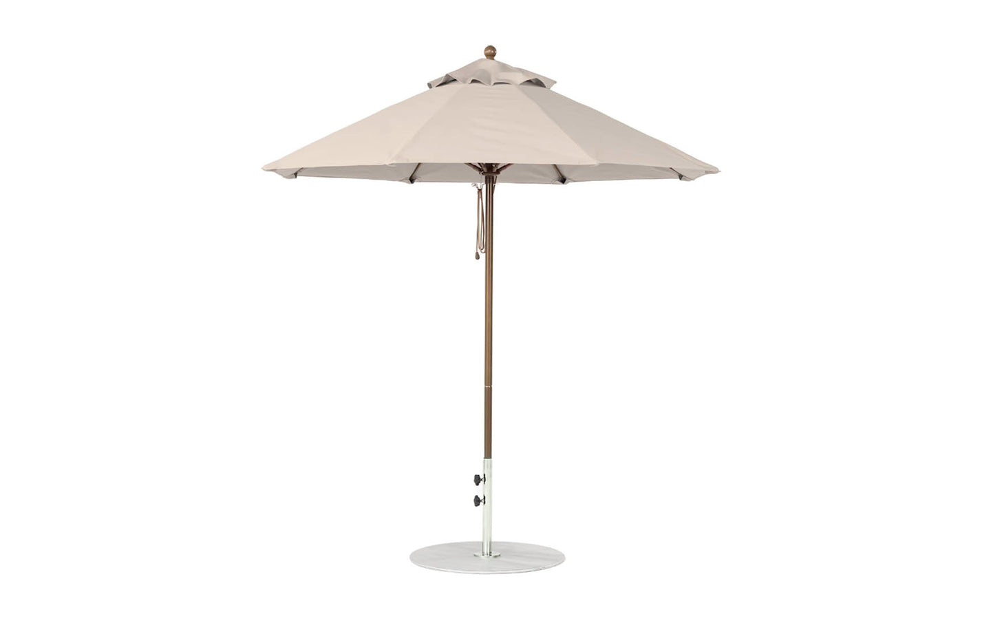 The Ledge Lounger Essential Fiberglass Umbrella features a beige octagon canopy with a straight pole on a circular weighted base. Crafted from wind-resistant, marine-grade fabrics, this 7.5 umbrella offers optimal outdoor shade when fully open.