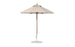 The Ledge Lounger Essential Fiberglass Umbrella features a beige octagon canopy with a straight pole on a circular weighted base. Crafted from wind-resistant, marine-grade fabrics, this 7.5 umbrella offers optimal outdoor shade when fully open.