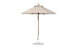 The Ledge Lounger Essential Fiberglass Umbrella features a beige octagon canopy with a straight pole on a circular weighted base. Crafted from wind-resistant, marine-grade fabrics, this 7.5 umbrella offers optimal outdoor shade when fully open.
