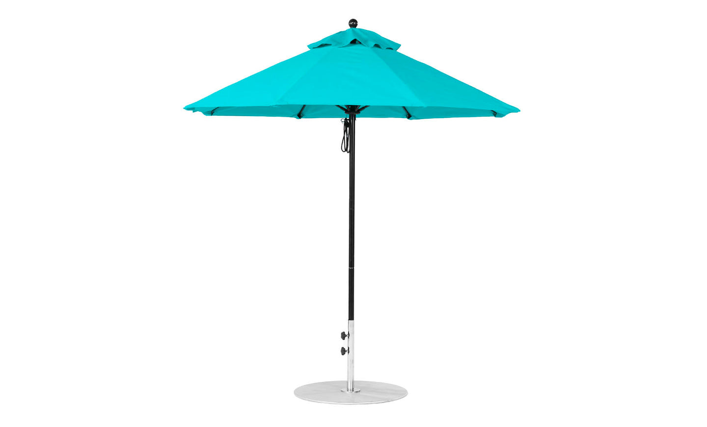 The Essential Fiberglass Umbrella - 7.5 Octagon Pulley by Ledge Lounger features a turquoise design with a black pole and round metal base, triangular peak, and modern look. Made from marine-grade fabrics, it offers wind-resistant shade to enhance outdoor spaces.