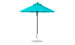 The Essential Fiberglass Umbrella - 7.5 Octagon Pulley by Ledge Lounger features a turquoise design with a black pole and round metal base, triangular peak, and modern look. Made from marine-grade fabrics, it offers wind-resistant shade to enhance outdoor spaces.