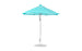 The Ledge Lounger Essential Fiberglass Umbrella features a striped turquoise and white design with a pointed top, supported by a wind-resistant metal pole made from marine-grade fabrics. Standing upright on a round base, this 7.5 octagon pulley umbrella is both stylish and durable.