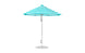 The Ledge Lounger Essential Fiberglass Umbrella features a striped turquoise and white design with a pointed top, supported by a wind-resistant metal pole made from marine-grade fabrics. Standing upright on a round base, this 7.5 octagon pulley umbrella is both stylish and durable.