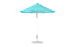 The Essential Fiberglass Umbrella - 7.5 Octagon Pulley by Ledge Lounger features a turquoise and white striped canopy made of marine-grade fabrics and a sturdy metal pole. Its wind-resistant design and round base ensure stability against any seaside breeze, standing open against a plain white background.